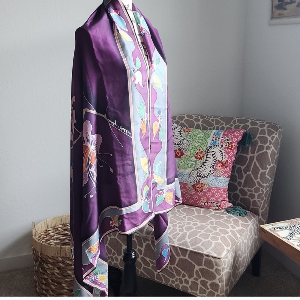 Extra Large Batik silk scarf, hand painted